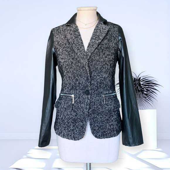 MICHAEL KORS Leather Wool Blend Tweed Sport Coat Jacket Blazer Black Fall Size 4 - Picture 1 of 11